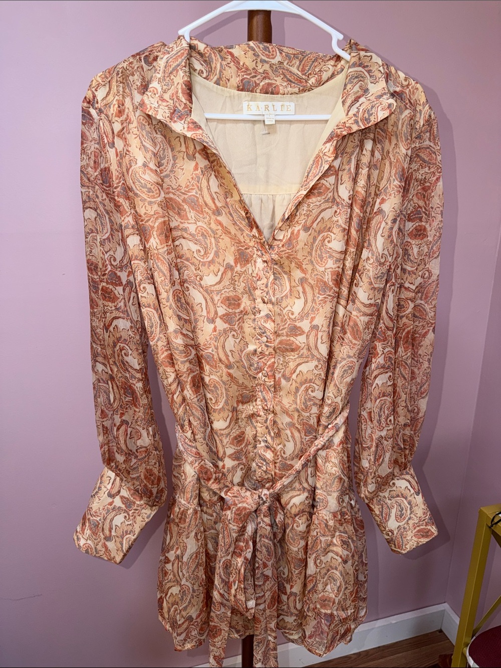 Karlie Rust and Cream Paisley Long-Sleeve Button Dress with Tie Waist